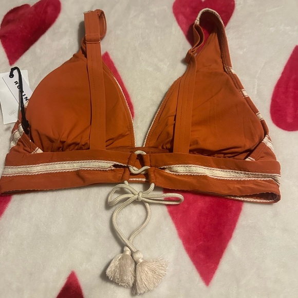 NWT ROBIN PICCONE Abi Bikini Top Striped Tie Back in Burnt Oranges/Ecru - Picture 3 of 11